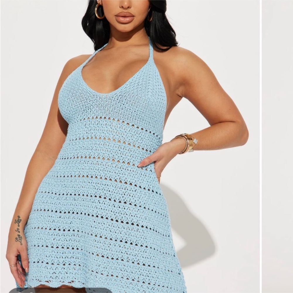Fashion Nova blue “Festival Babe” Crochet Mini Dress M NWT